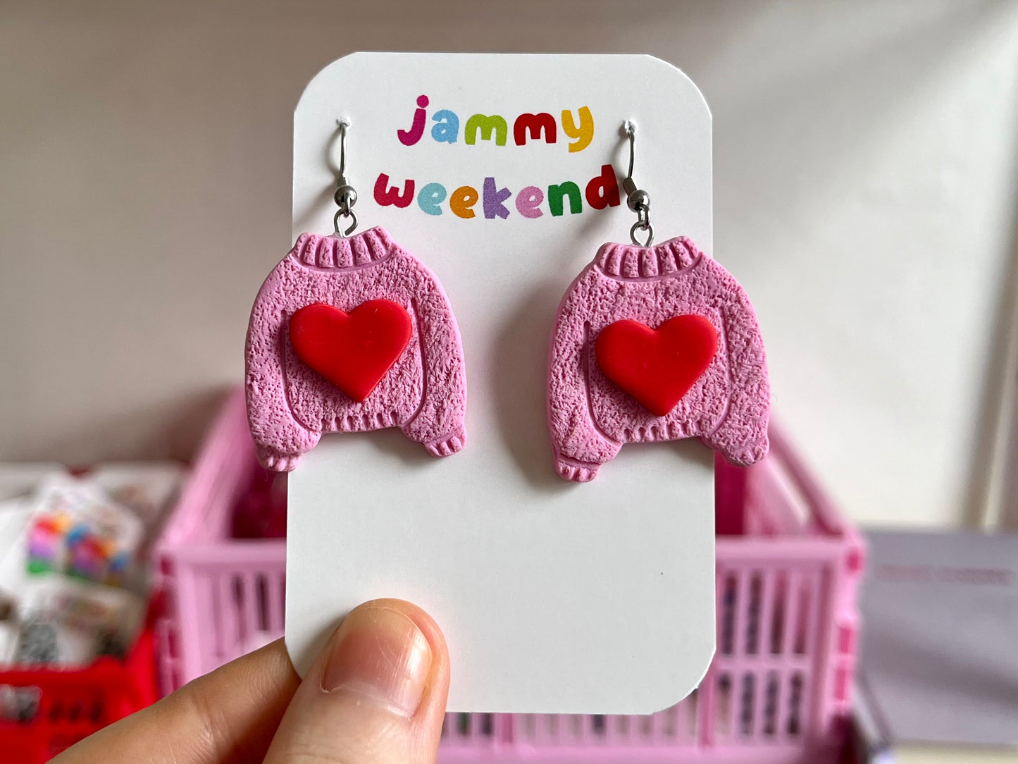 Pink and Red Heart Sweater Earrings