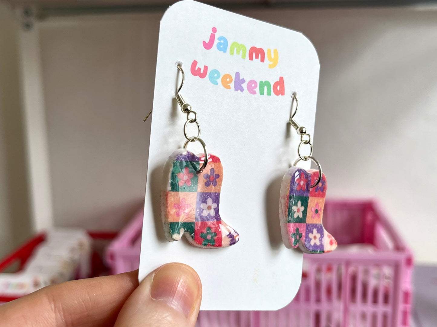 Rainbow Checkerboard Cowboy Boots Clay Earrings