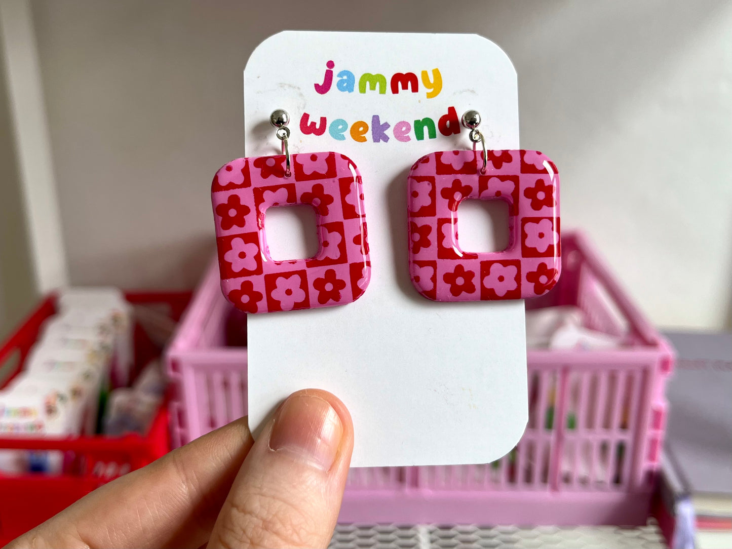 Pink and Red Silkscreen Arch Earrings