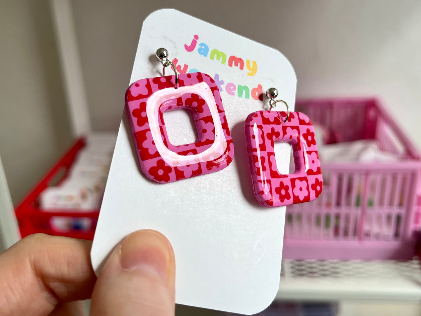 Pink and Red Silkscreen Arch Earrings