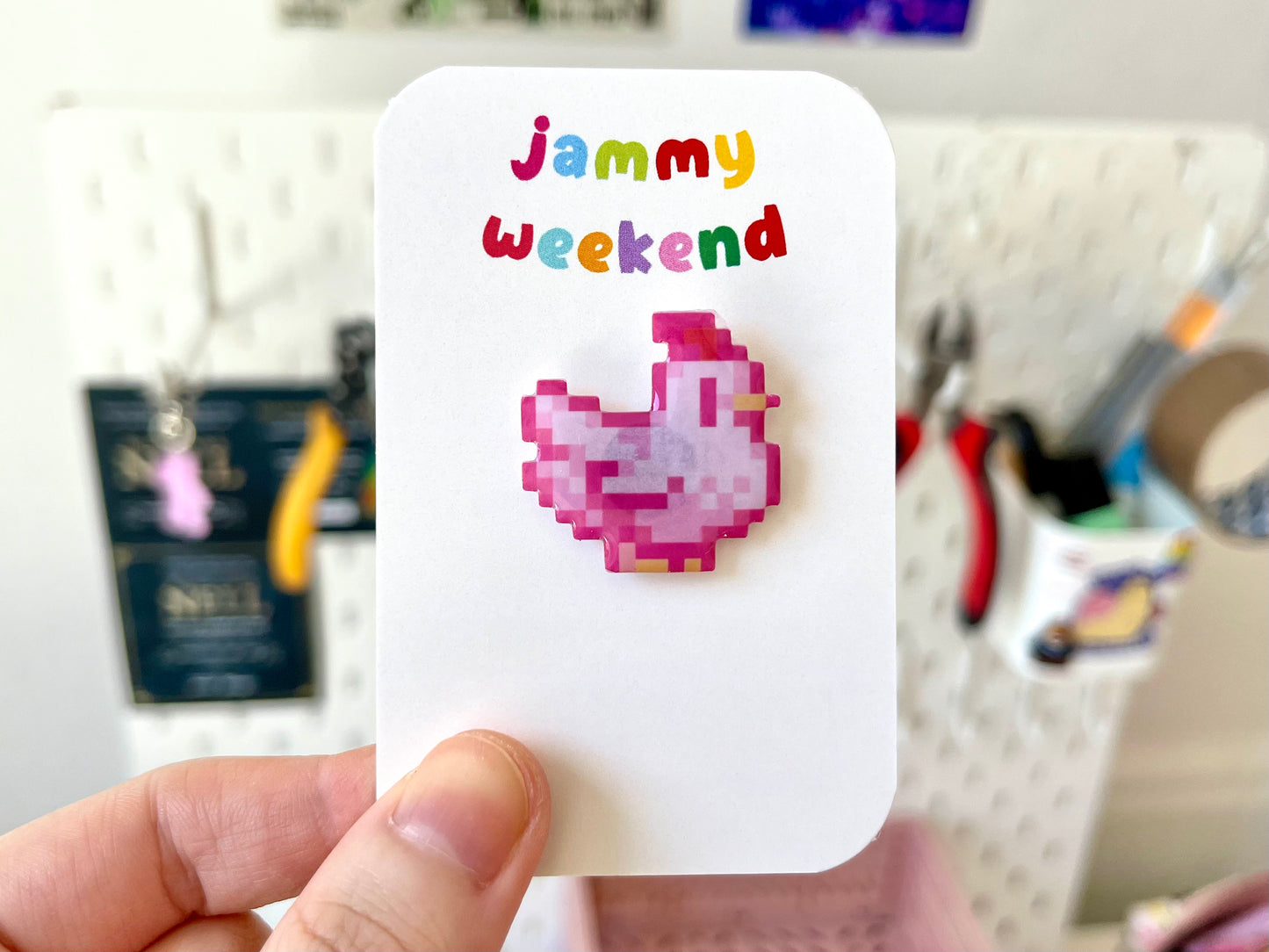 Colourful Pixel Chickens Pin Badge