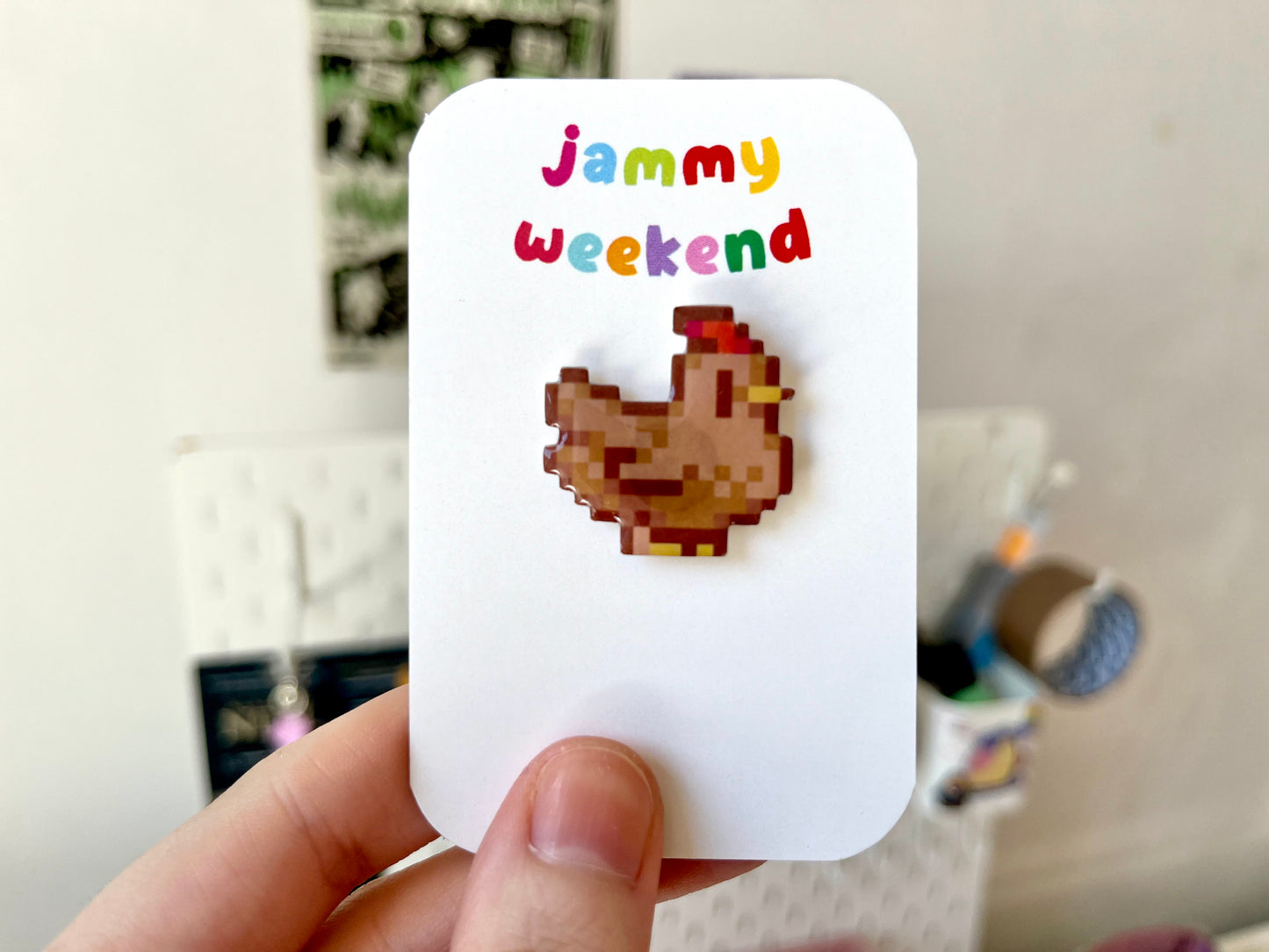 Colourful Pixel Chickens Pin Badge