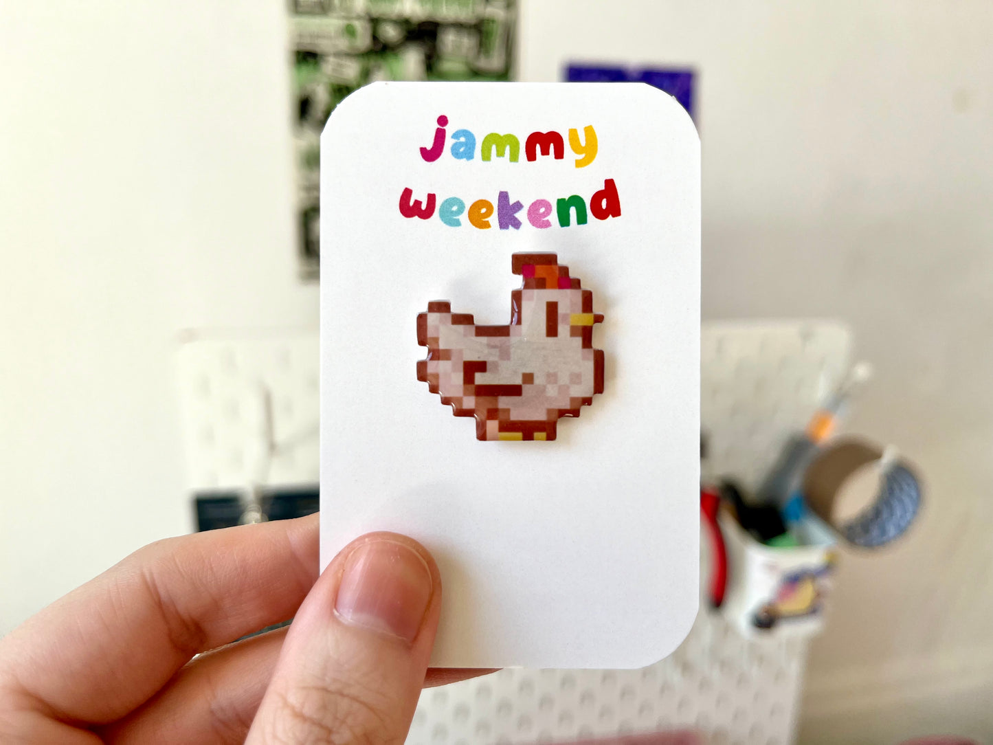 Colourful Pixel Chickens Pin Badge