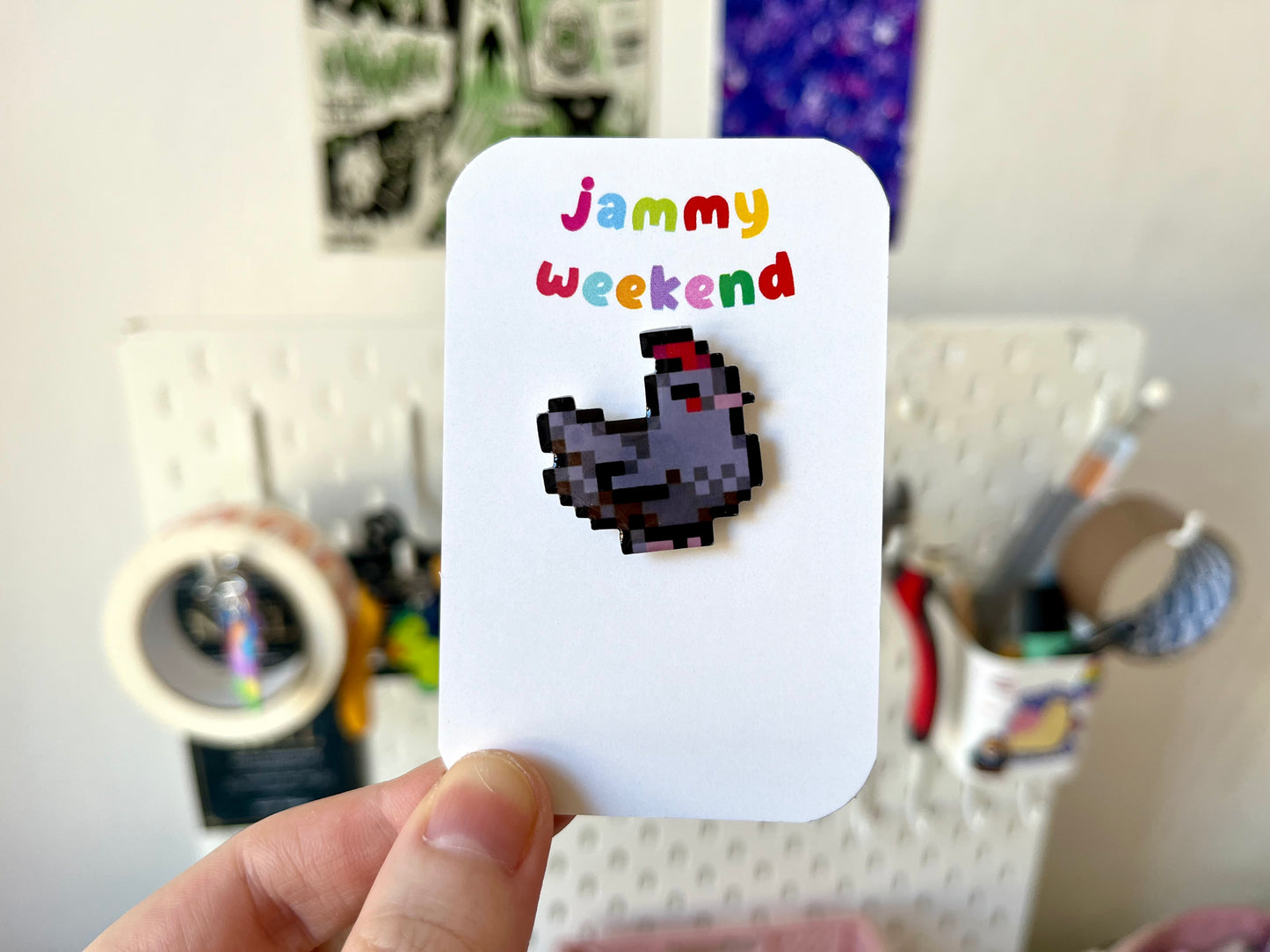 Colourful Pixel Chickens Pin Badge