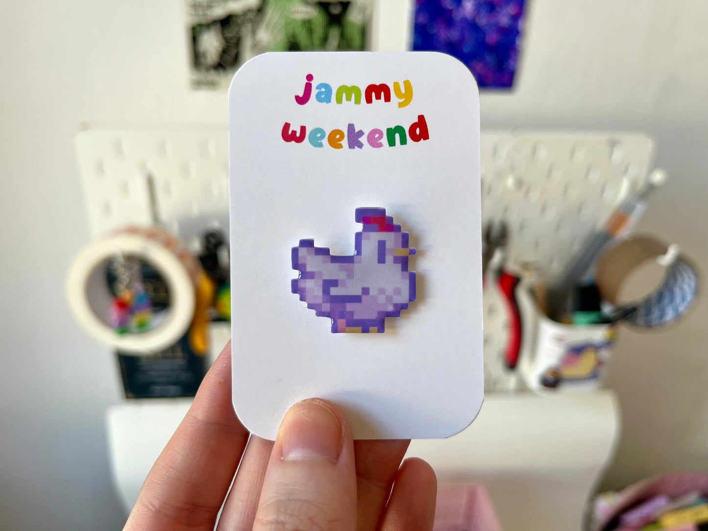 Colourful Pixel Chickens Pin Badge