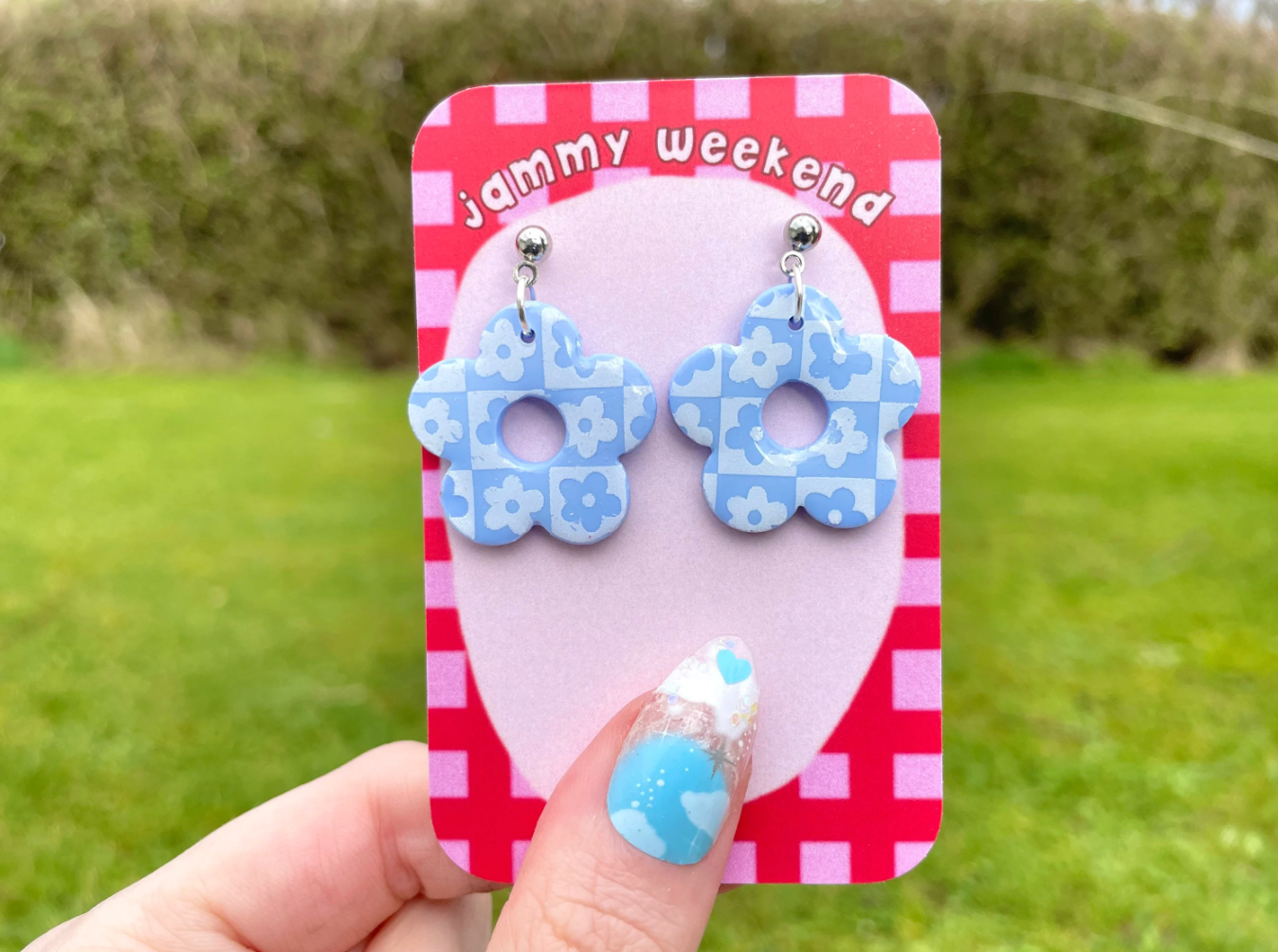 Flower Polymer Clay Checkerboard Earrings