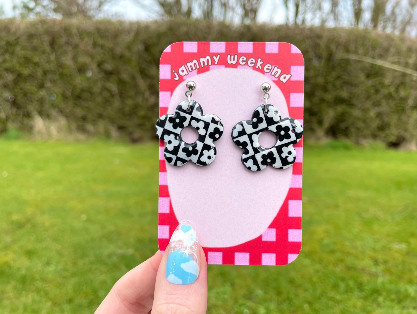 Flower Polymer Clay Checkerboard Earrings