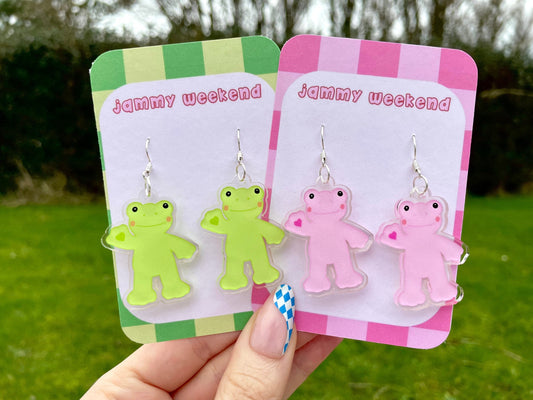 Pink and Green Spring Cute Frog Acrylic Earrings